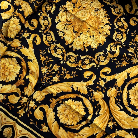 Vintage Versace Barocco Baroque Black and Gold Silk Scarf